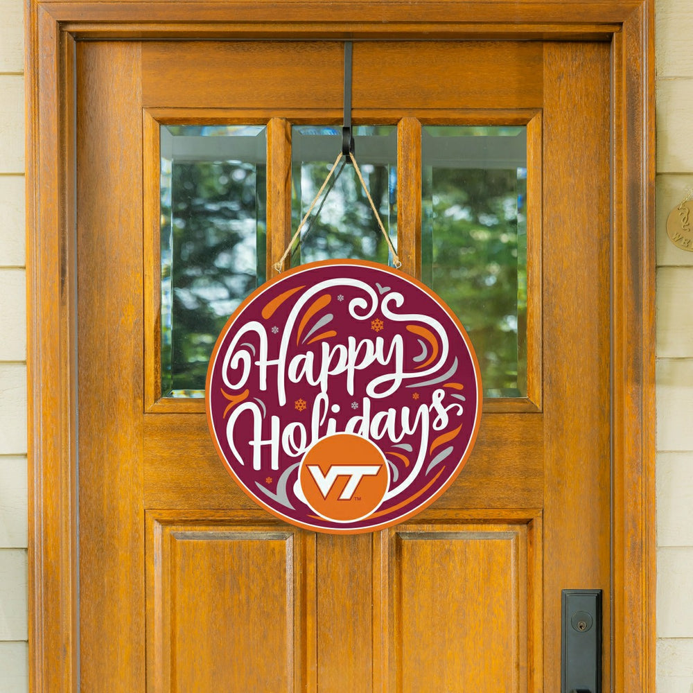 Virginia Tech Holiday Round Door Décor with Hanging Rope, 18x18 - Collegiate Home