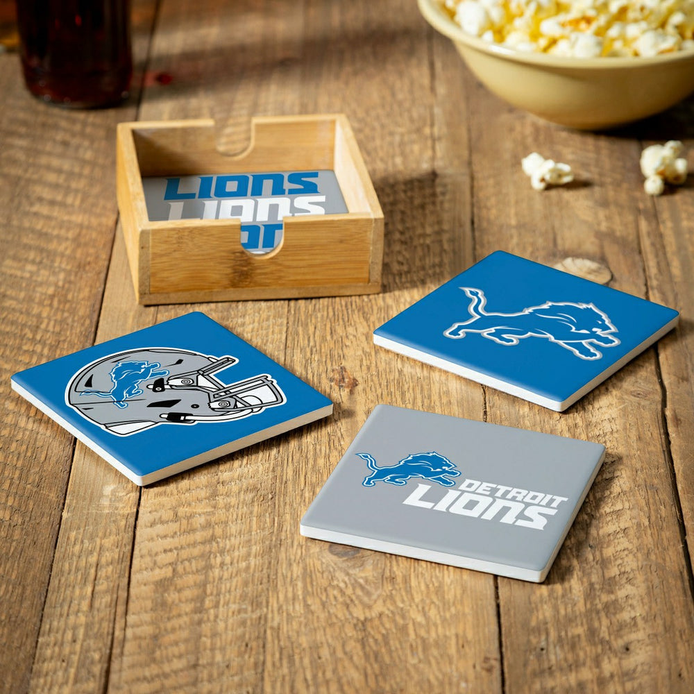 Detroit Lions Ceramic Coasters Set, 4pcs with Wood Caddy - NFL