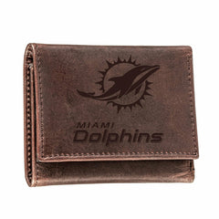 Miami Dolphins, Tri-Fold Wallet, Brown, CH, 100% Genuine Leather - NFL Home