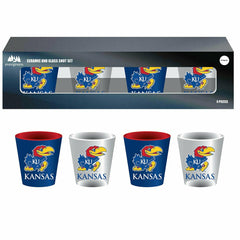 University of Kansas 4-Piece Ceramic and Glass 2oz. Shot Glass Set - Home Collegiate