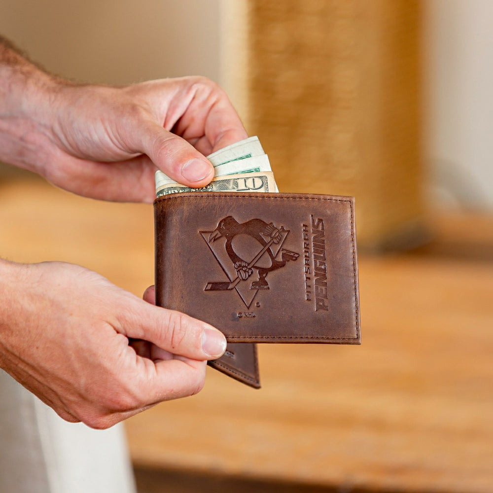 Pittsburgh Penguins, Bi-Fold Wallet, Brown, CH, 100% Genuine Leather - NHL Home