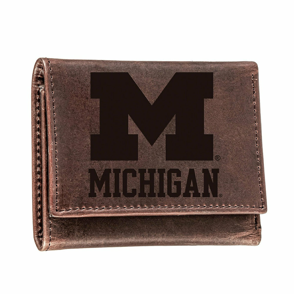 University of Michigan, Tri-Fold Wallet, Brown, CH, 100% Genuine Leath - Collegiate Home