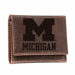University of Michigan, Tri-Fold Wallet, Brown, CH, 100% Genuine Leath - Collegiate Home