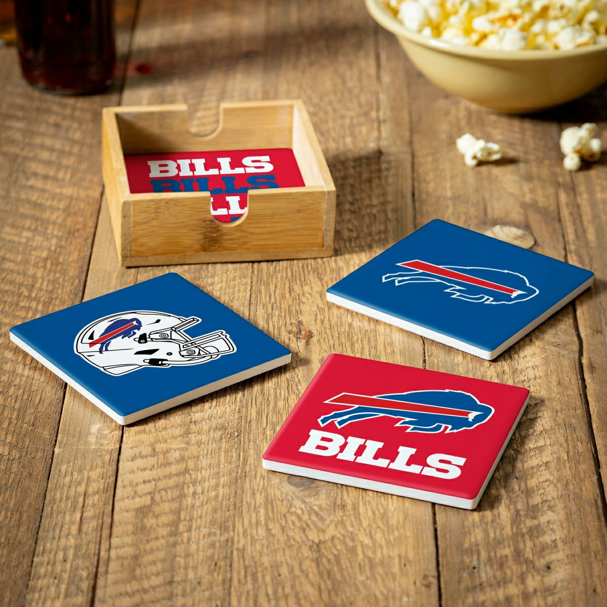 Buffalo Bills Ceramic Coasters Set, 4pcs with Wood Caddy - NFL