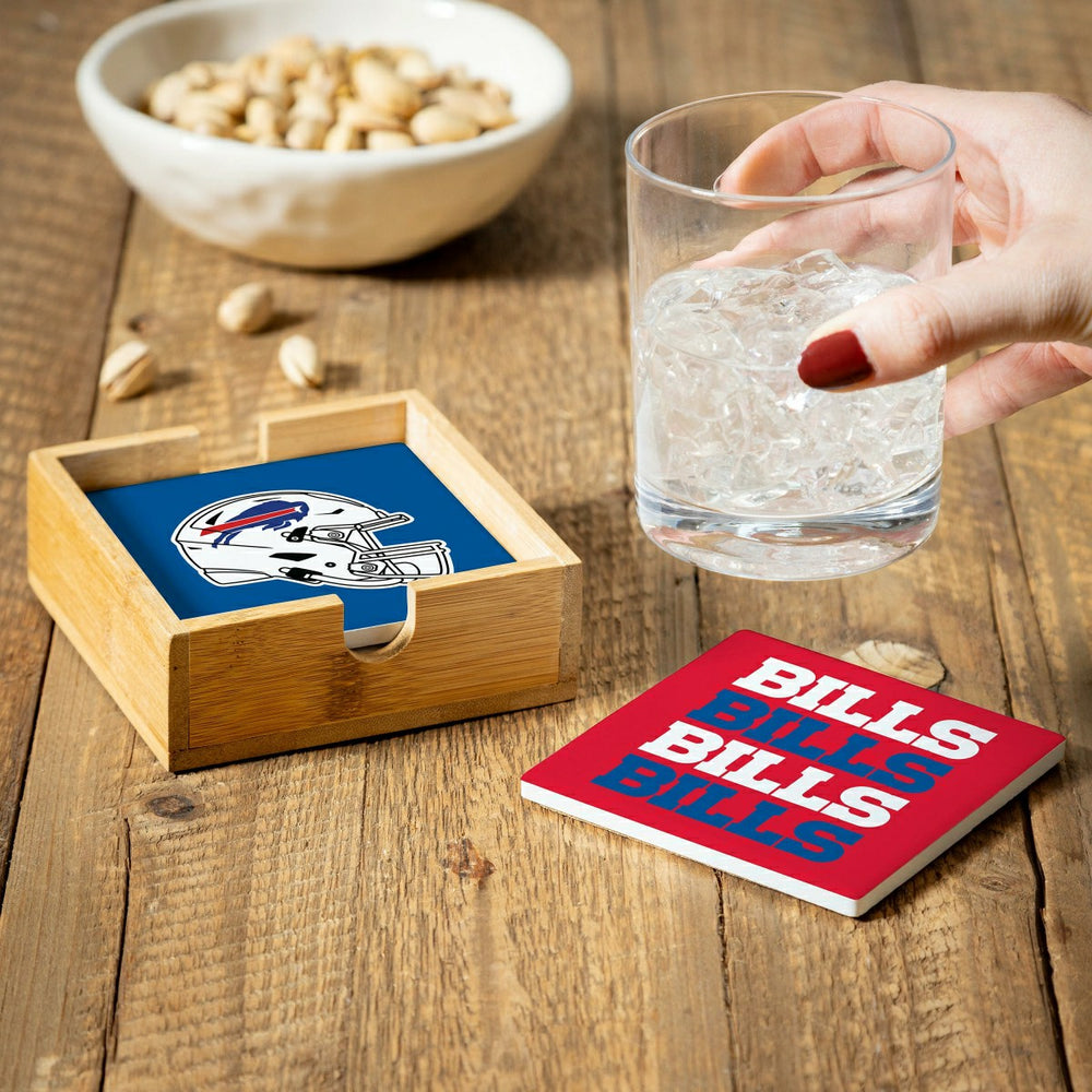 Buffalo Bills Ceramic Coasters Set, 4pcs with Wood Caddy - NFL