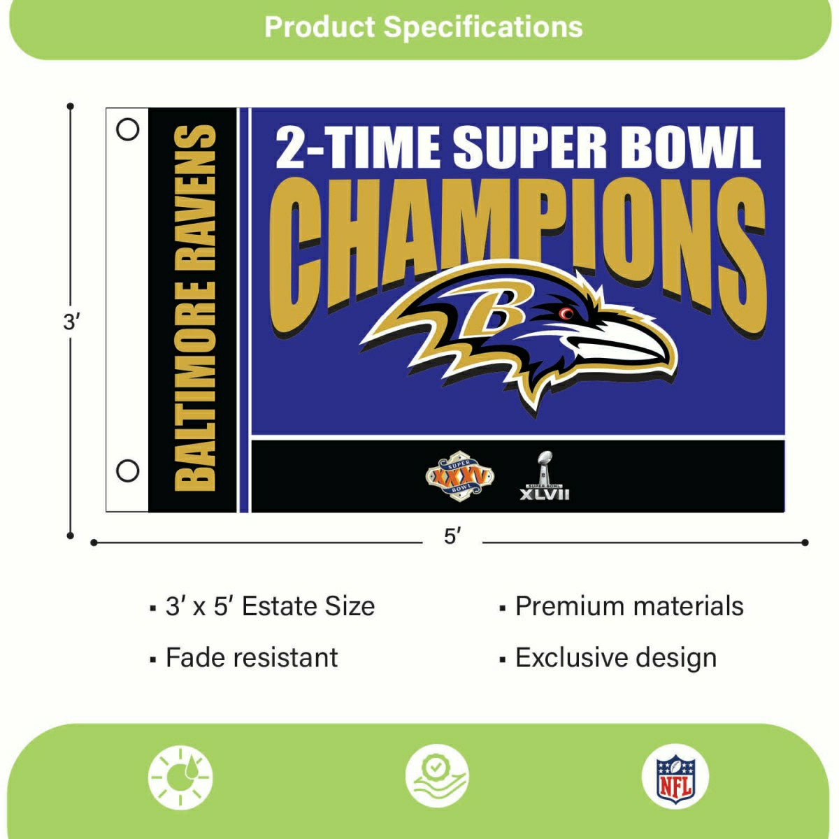 Baltimore Ravens 3X Superbowl Champions Football 3x5 Flag - NFL Home