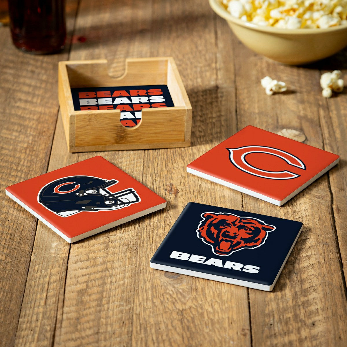 Chicago Bears Ceramic Coasters Set, 4pcs with Wood Caddy - NFL
