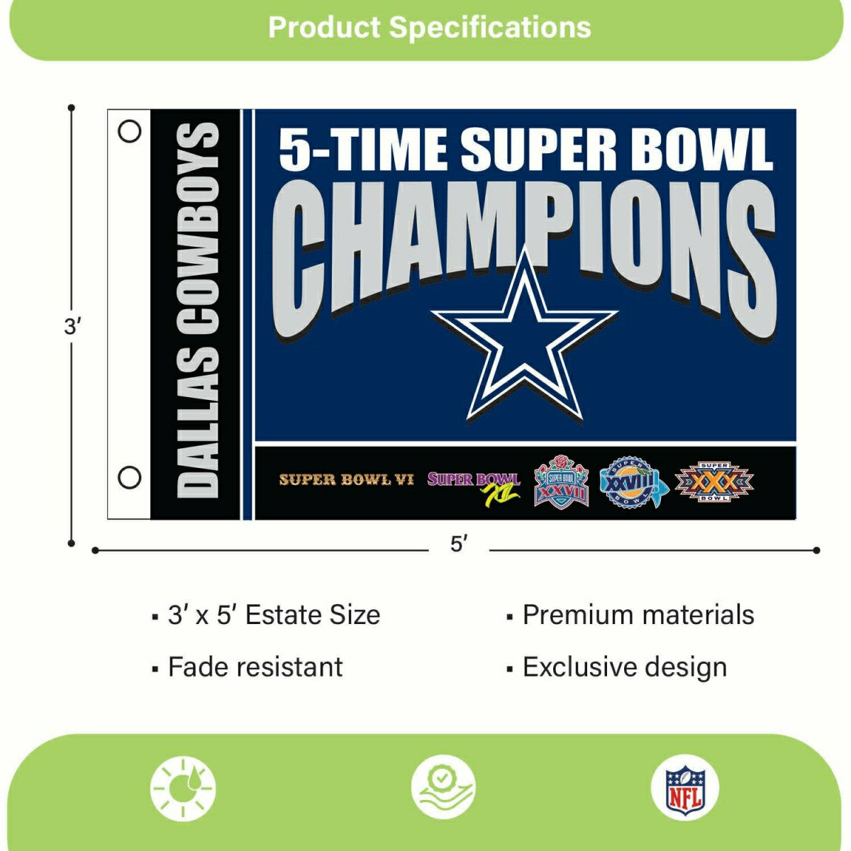 Dallas Cowboys 5X Superbowl Champions Football 3x5 Flag - NFL Home