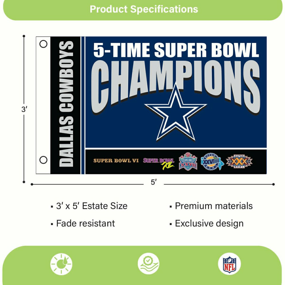 Dallas Cowboys 5X Superbowl Champions Football 3x5 Flag - NFL Home