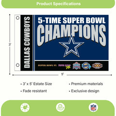 Dallas Cowboys 5X Superbowl Champions Football 3x5 Flag - NFL Home