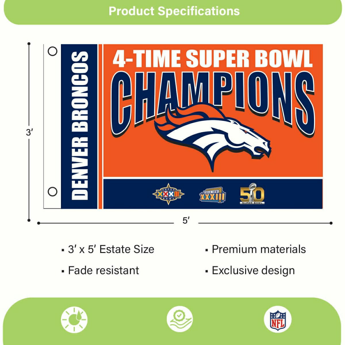 Denver Broncos 3X Superbowl Champions Football 3x5 Flag - NFL Home