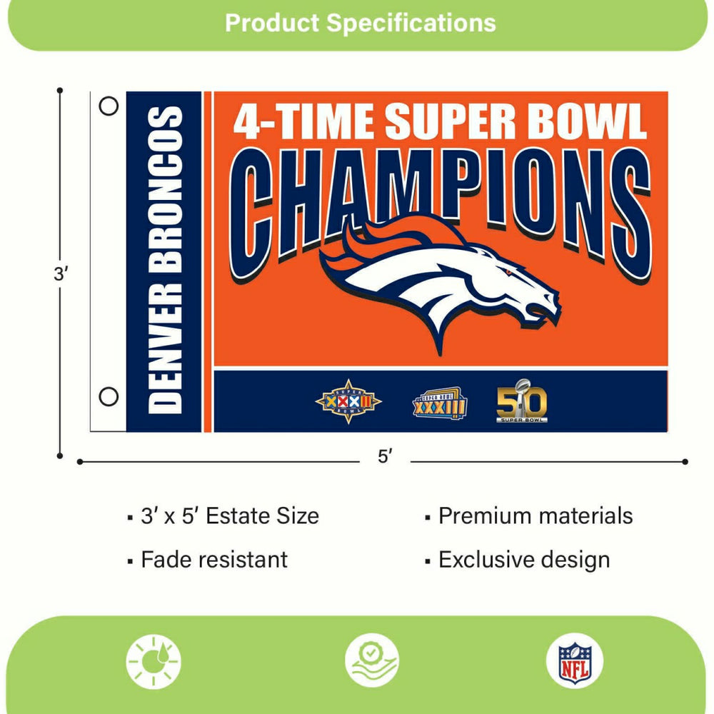 Denver Broncos 3X Superbowl Champions Football 3x5 Flag - NFL Home