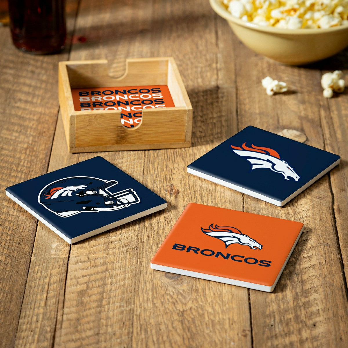 Denver Broncos Ceramic Coasters Set, 4pcs with Wood Caddy - NFL