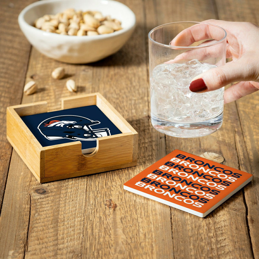 Denver Broncos Ceramic Coasters Set, 4pcs with Wood Caddy - NFL