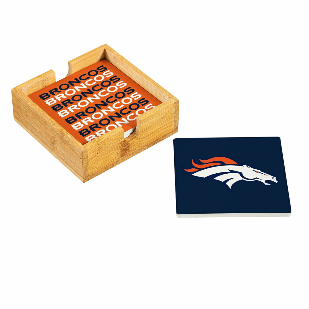 Denver Broncos Ceramic Coasters Set, 4pcs with Wood Caddy - NFL