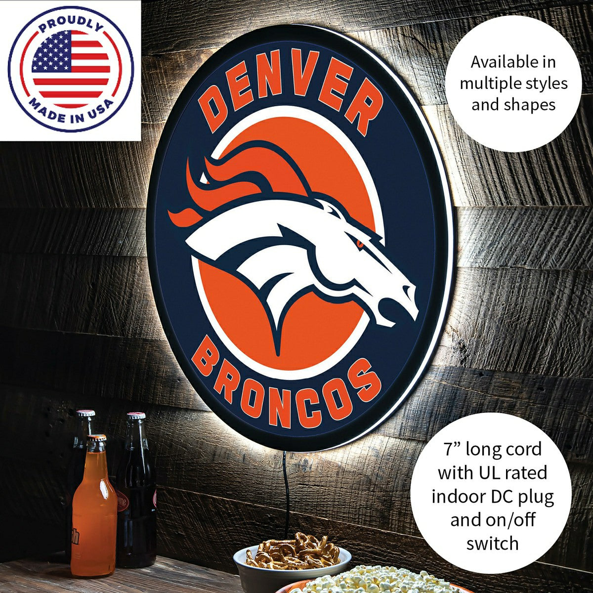 LED Wall Decor, Round, Denver Broncos - NFL Home
