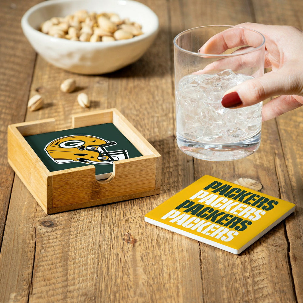 Green Bay Packers Ceramic Coasters Set, 4pcs with Wood Caddy - NFL