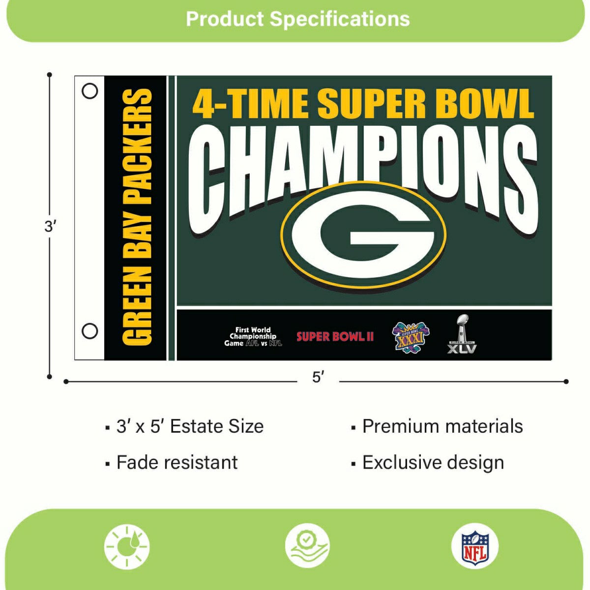 Green Bay Packers 4X Superbowl Champions Football 3x5 Flag - NFL Home