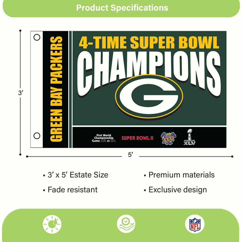 Green Bay Packers 4X Superbowl Champions Football 3x5 Flag - NFL Home