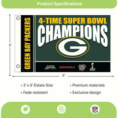 Green Bay Packers 4X Superbowl Champions Football 3x5 Flag - NFL Home