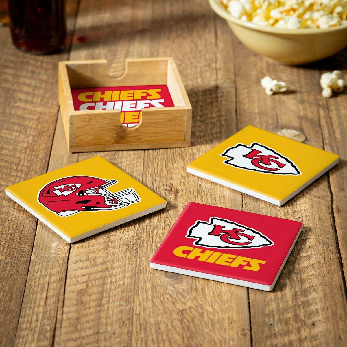 Kansas City Chiefs Ceramic Coasters Set, 4pcs with Wood Caddy - NFL