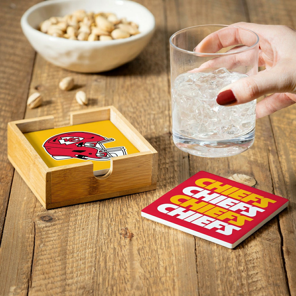 Kansas City Chiefs Ceramic Coasters Set, 4pcs with Wood Caddy - NFL