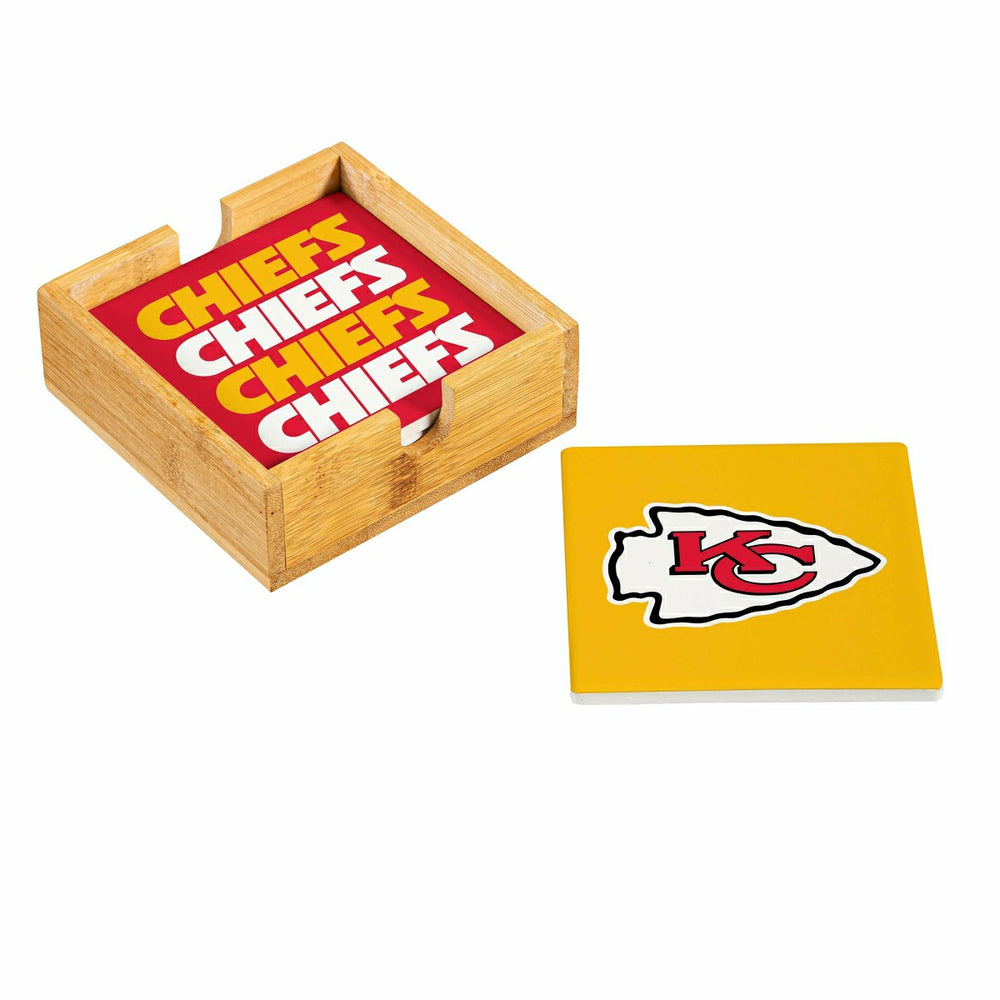 Kansas City Chiefs Ceramic Coasters Set, 4pcs with Wood Caddy - NFL