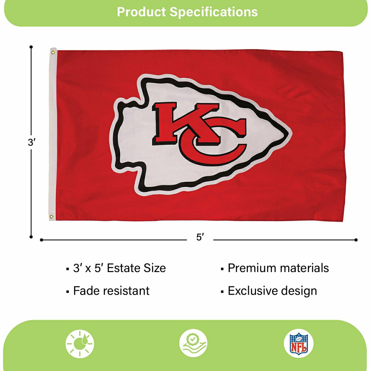 Kansas City Chiefs Single Sided Estate Flag with 2 Grommets, 3'x5' - NFL Home
