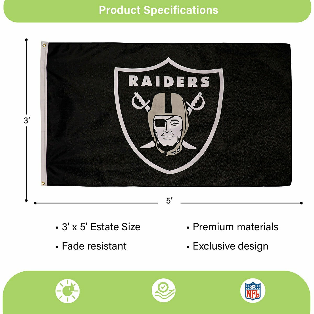 Las Vegas Raiders Single Sided Estate Flag with 2 Grommets, 3'x5' - NFL Home