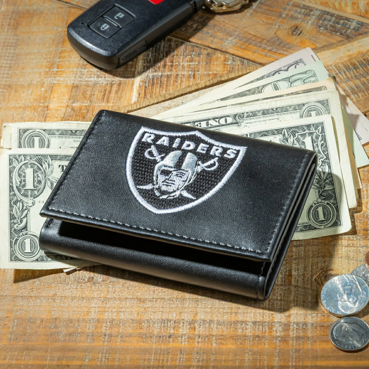 Las Vegas Raiders Black Tri-Fold Embroidered Wallet w/ RFID Blocking - NFL Home