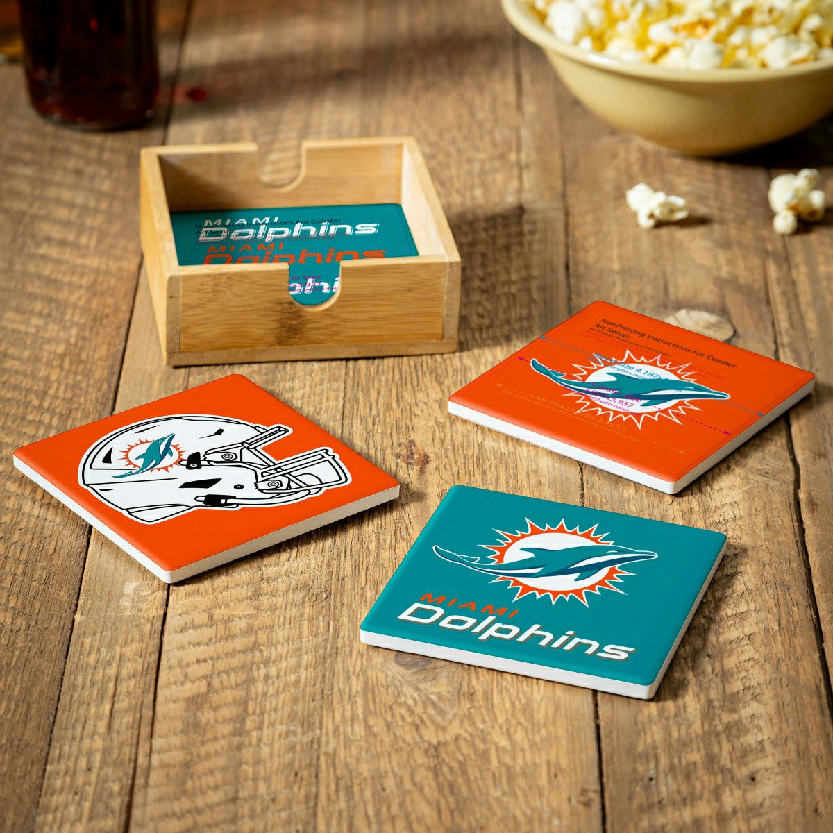 Miami Dolphins Ceramic Coasters Set, 4pcs with Wood Caddy - NFL