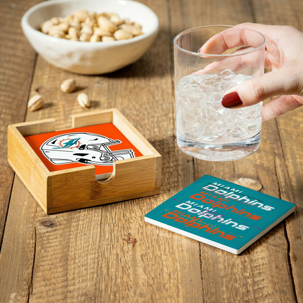 Miami Dolphins Ceramic Coasters Set, 4pcs with Wood Caddy - NFL