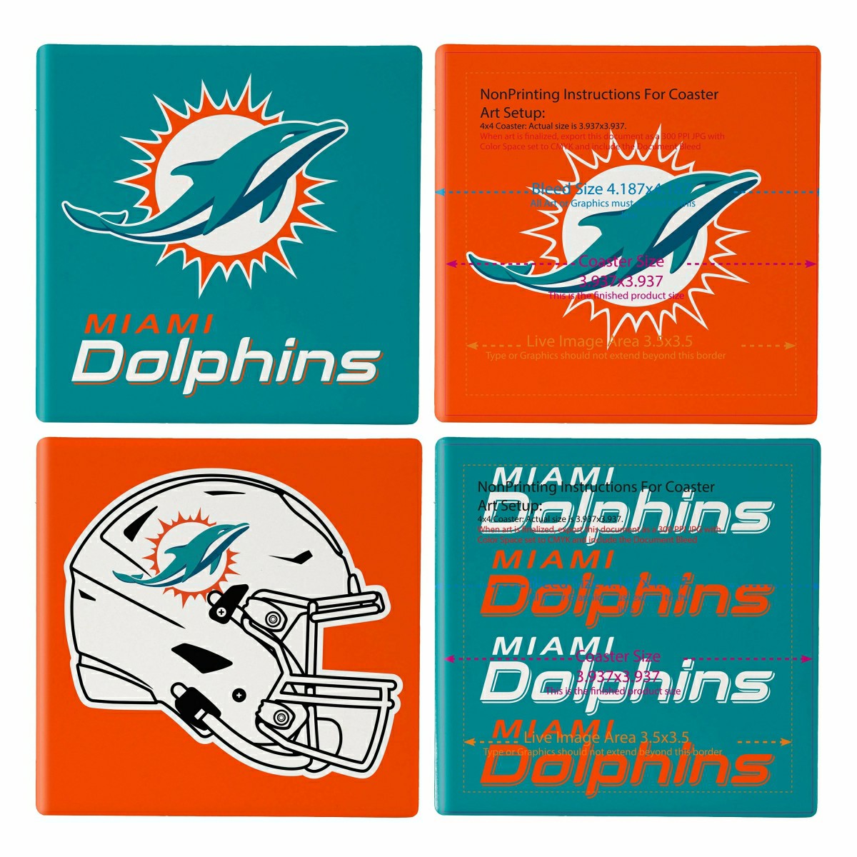Miami Dolphins Ceramic Coasters Set, 4pcs with Wood Caddy - NFL
