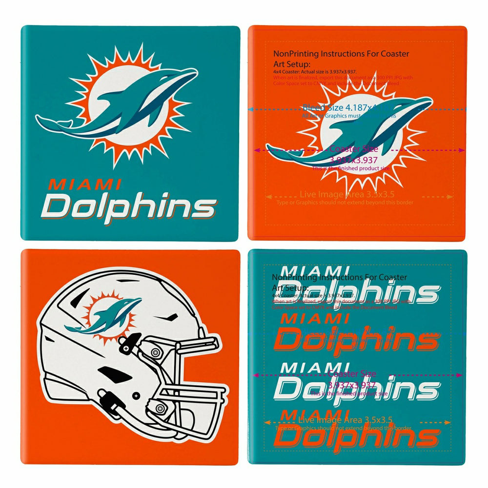 Miami Dolphins Ceramic Coasters Set, 4pcs with Wood Caddy - NFL