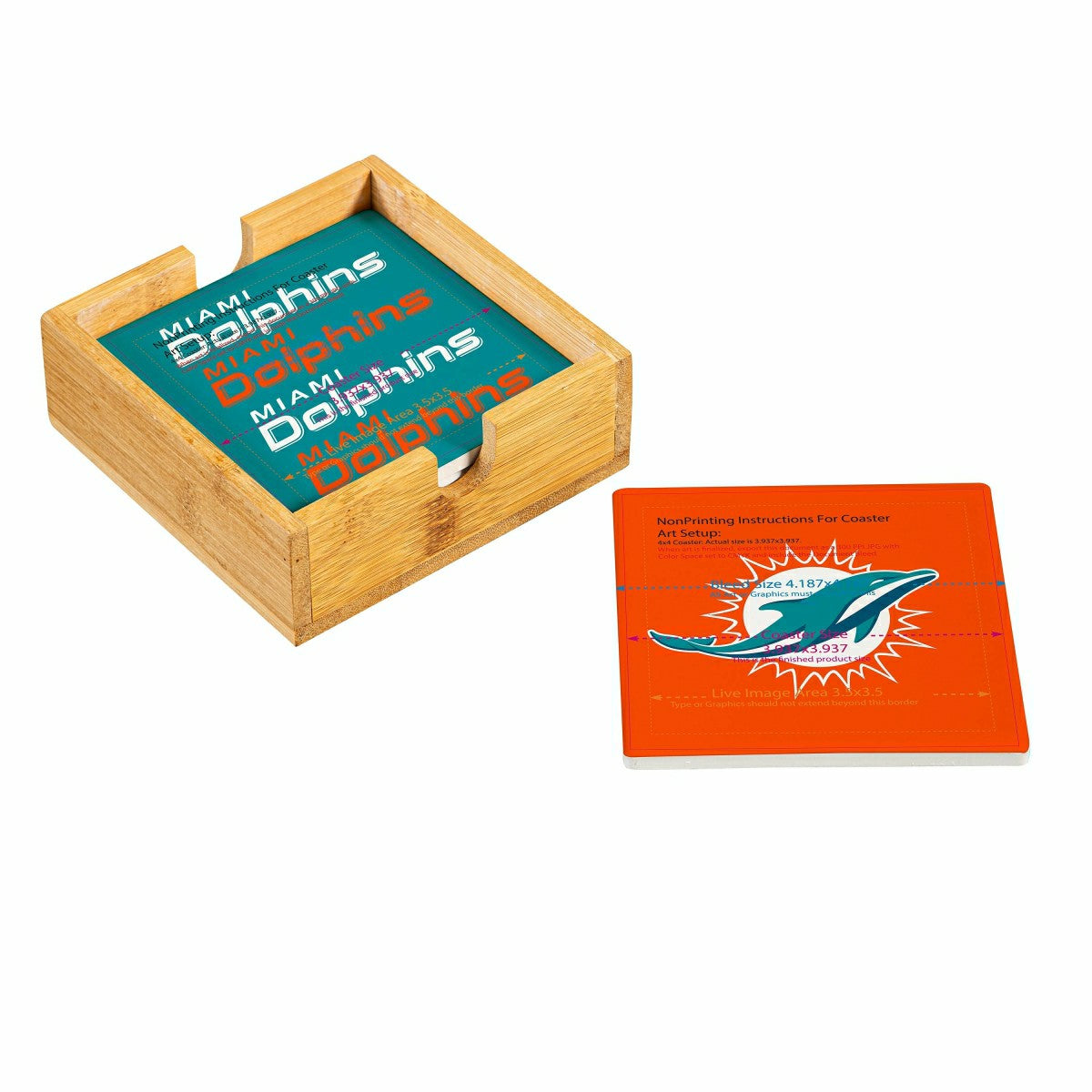 Miami Dolphins Ceramic Coasters Set, 4pcs with Wood Caddy - NFL