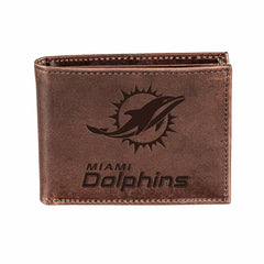 Miami Dolphins, Bi-Fold Wallet, Brown, CH, 100% Genuine Leather - NFL Home