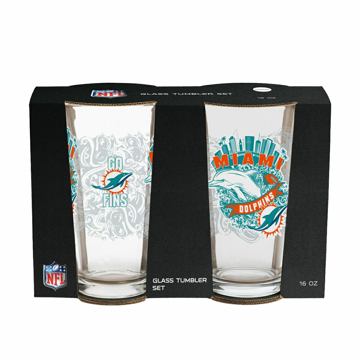 Miami Dolphins 16oz Glass pint, Set of 2 - NFL Home