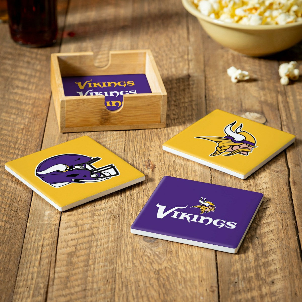 Minnesota Vikings Ceramic Coasters Set, 4pcs with Wood Caddy - NFL
