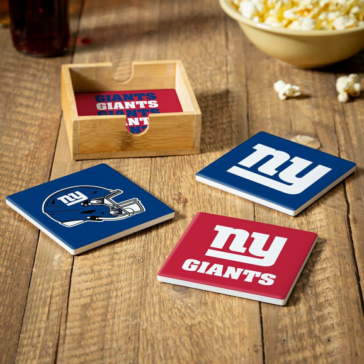 New York Giants Ceramic Coasters Set, 4pcs with Wood Caddy - NFL