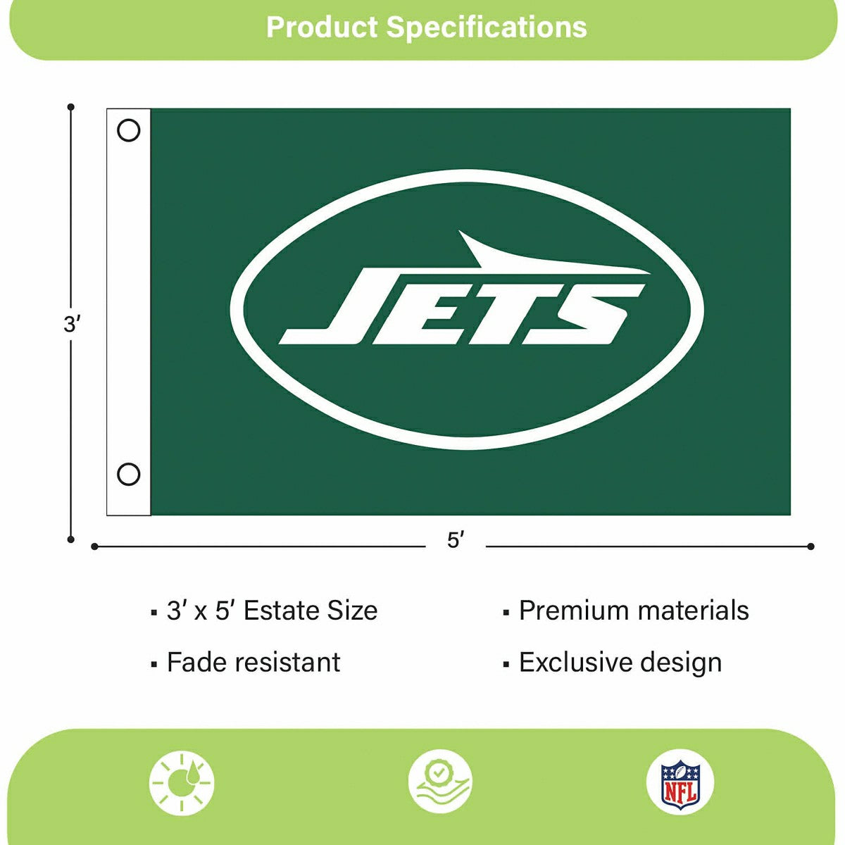 New York Jets Single Sided Flag w/ 2 Grommets, 3'x5' - NFL Home