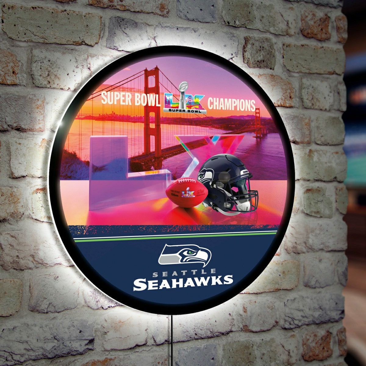 Seattle Seahawks, Super Bowl 60, LED Wall Decor, Football Round, 23" - NFL
