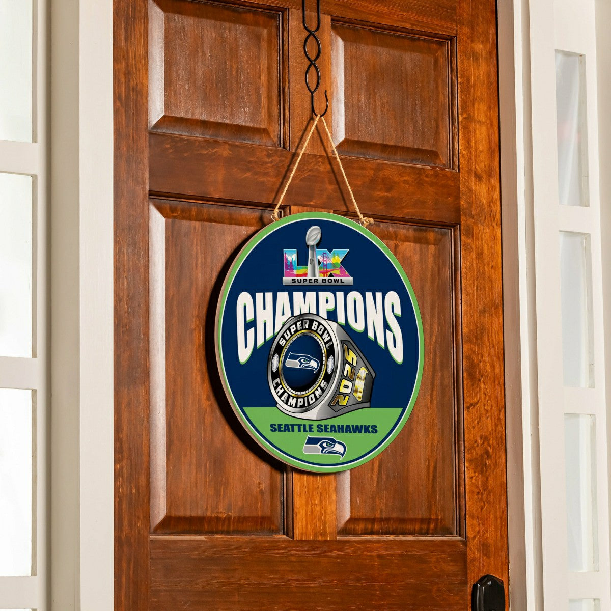 Seattle Seahawks, Super Bowl 60, Ring, Round Door Decor with Hanging R - NFL Home