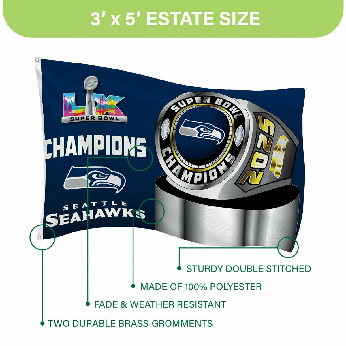 Seattle Seahawks, Super Bowl 60, Ring, Single Sided Flag w/ 2 Grommets - NFL Home