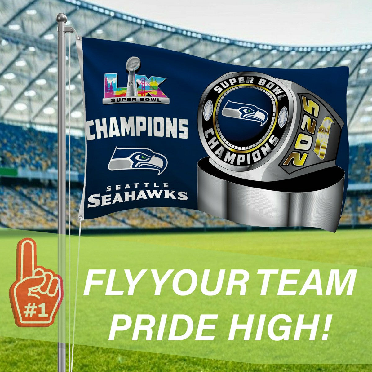 Seattle Seahawks, Super Bowl 60, Ring, Single Sided Flag w/ 2 Grommets - NFL Home