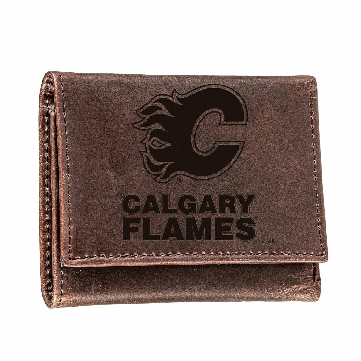 Calgary Flames, Tri-Fold Wallet, Brown, CH, 100% Genuine Leather - NHL Home