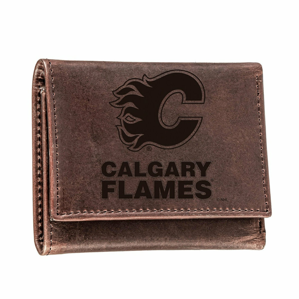 Calgary Flames, Tri-Fold Wallet, Brown, CH, 100% Genuine Leather - NHL Home