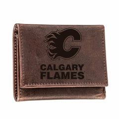 Calgary Flames, Tri-Fold Wallet, Brown, CH, 100% Genuine Leather - NHL Home