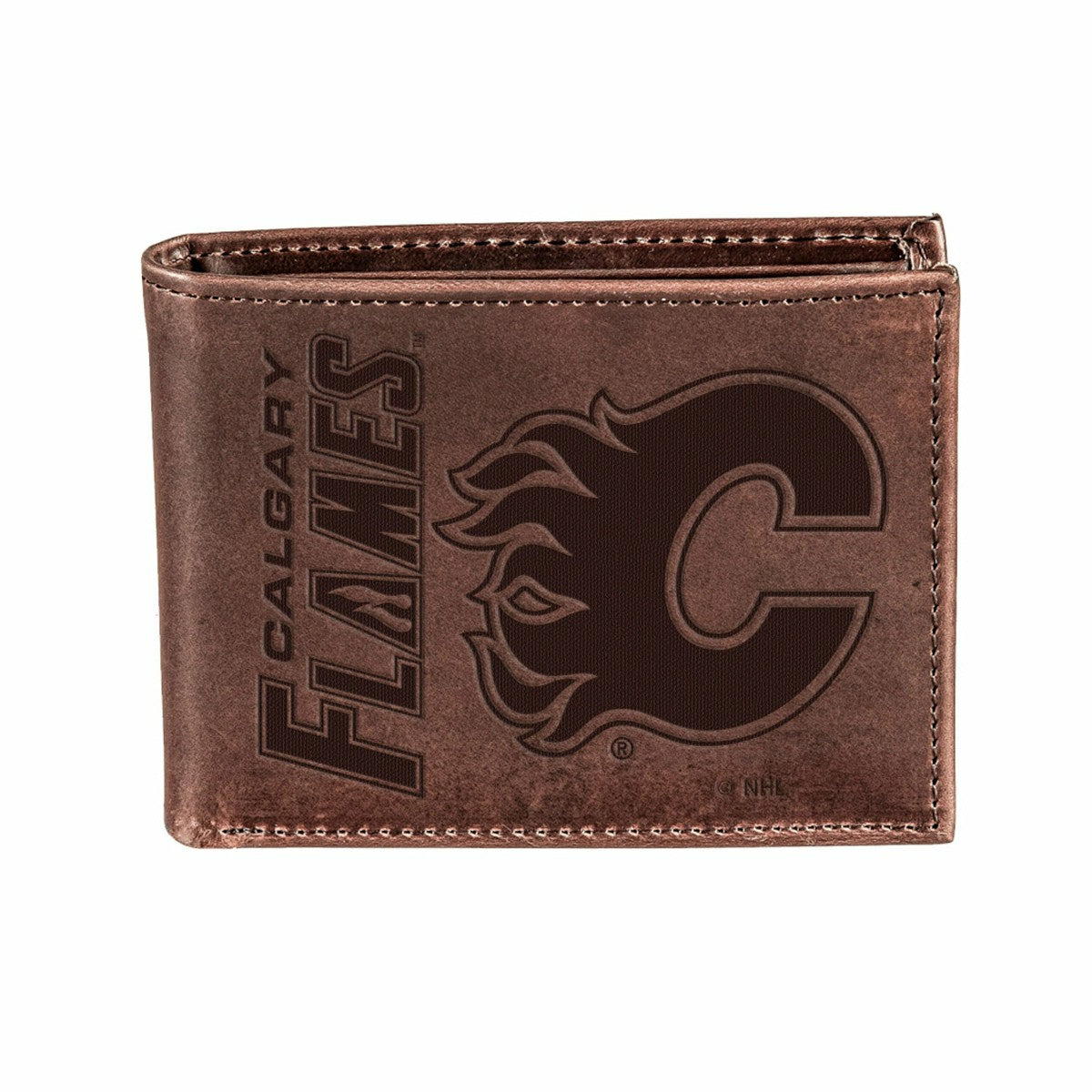 Calgary Flames, Bi-Fold Wallet, Brown, CH, 100% Genuine Leather - NHL Home