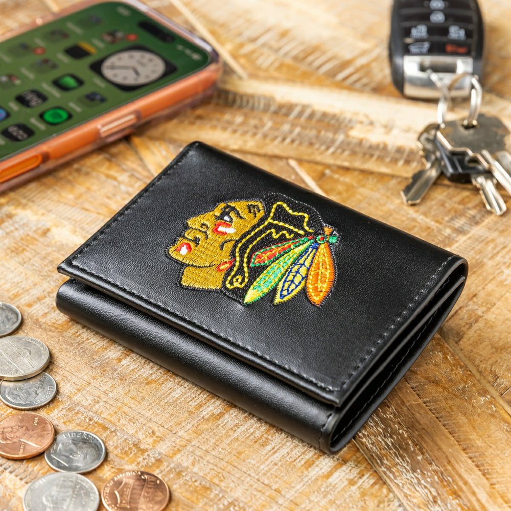 Chicago Blackhawks Black Tri-Fold Embroidered Wallet w/ RFID Blocking - NHL Home