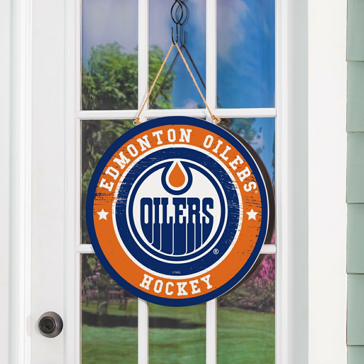 Edmonton Oilers Round Door Décor with Hanging Rope, 18x18 - NHL Home